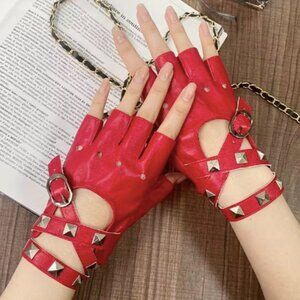 Pu Leather Fingerless Studded Red Gloves